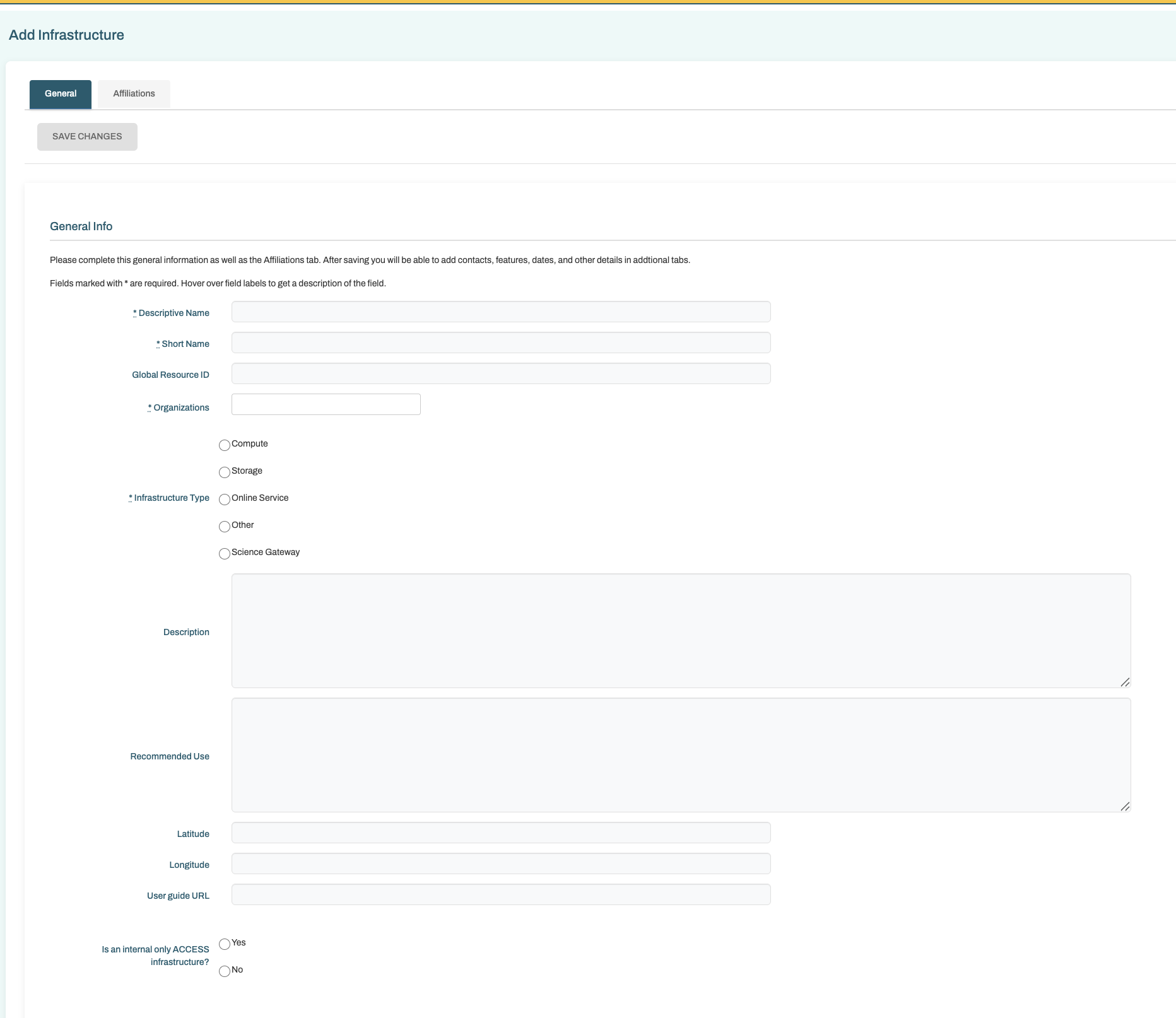 CIDeR Add Infrastructure Form