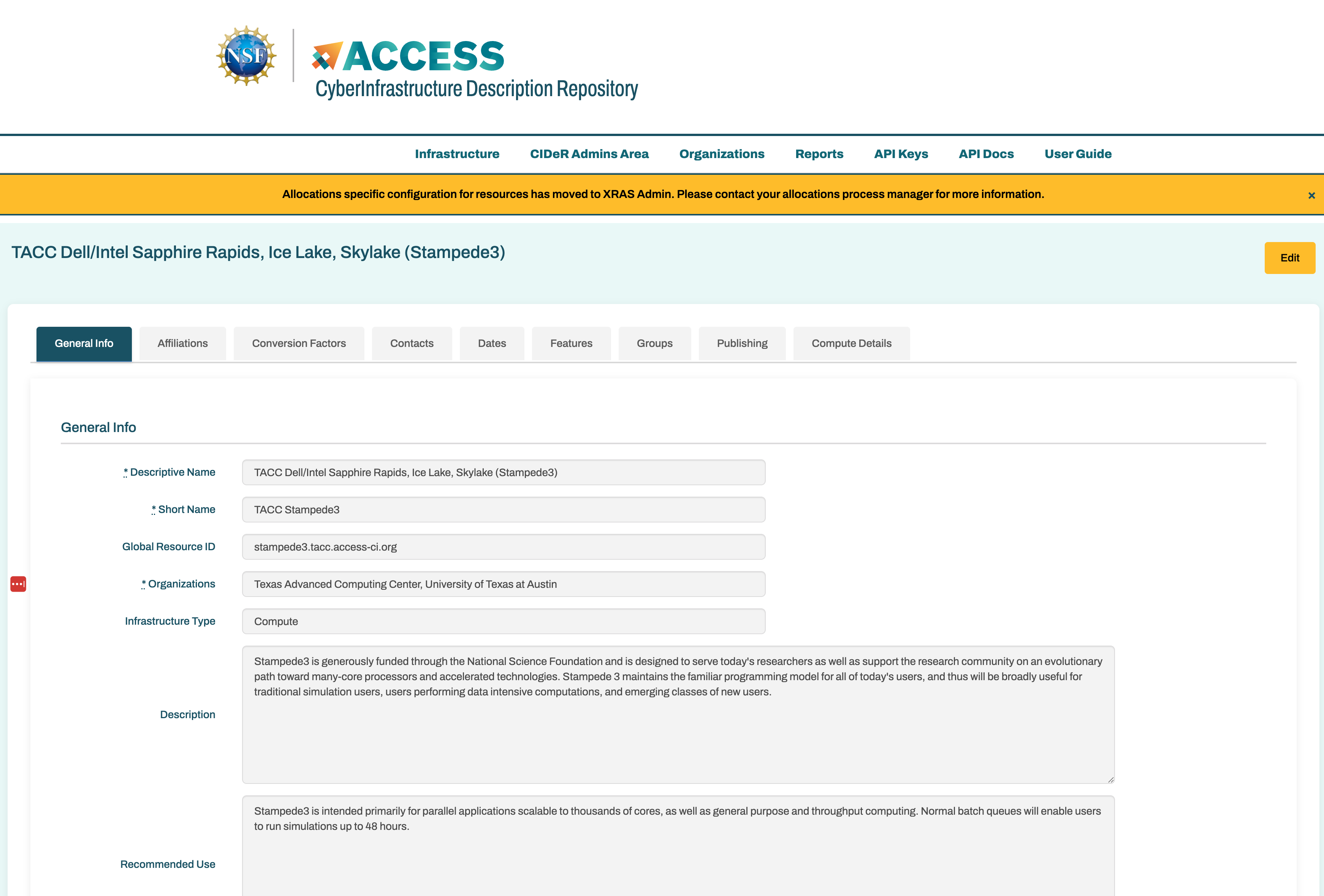 CIDeR Infrastructure View Page